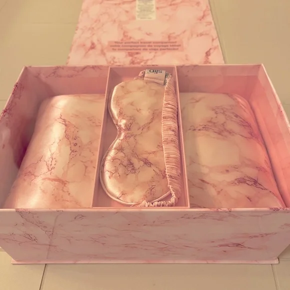 SLIP TRAVEL PILLOW, PURE SILK PILLOWCASE AND SLEEP MASK NWT NIB PINK/MARBLE - Picture 3 of 4